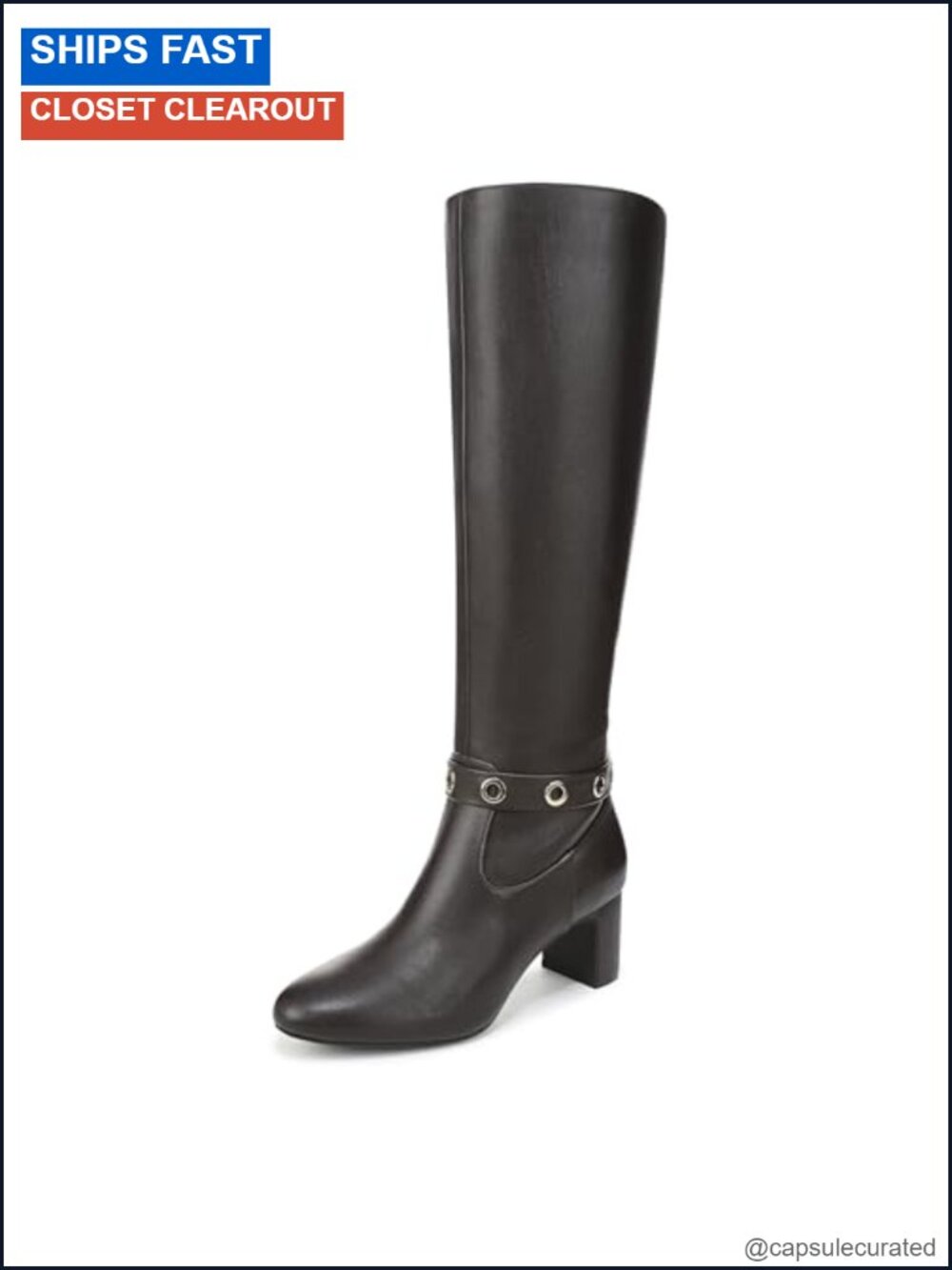 Faux Leather Knee-High Boots with Almond Toe and Block Heel